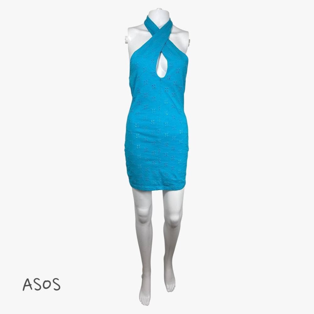 ASOS Women's Eyelet Cross Halter Neck Mini Bodycon Dress in Blue Size S (4-6)